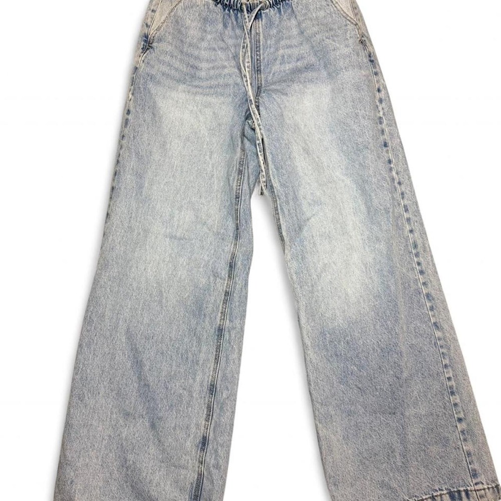 Y2K Light Wash Wide Leg Pull On Denim Jeans Elastic Waist Baggy sz 26